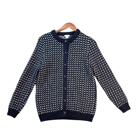 Vtg LL Bean Womens Birdseye Cardigan Sweater M Navy Wool Nordic Heritage Rustic - Picture 1 of 8